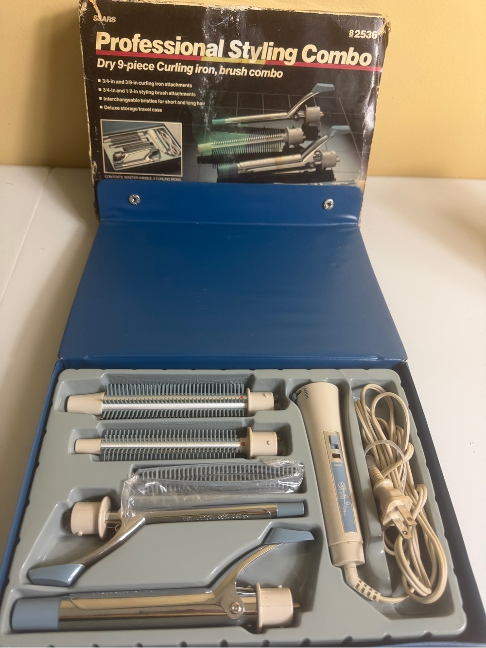 Vintage Sears Professional Styling Combo Hair Curling Iron Brush Kit 9pc Boxed